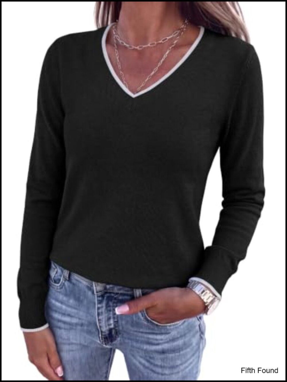 Women's V Neck Knit Pullover Sweater Long Sleeve